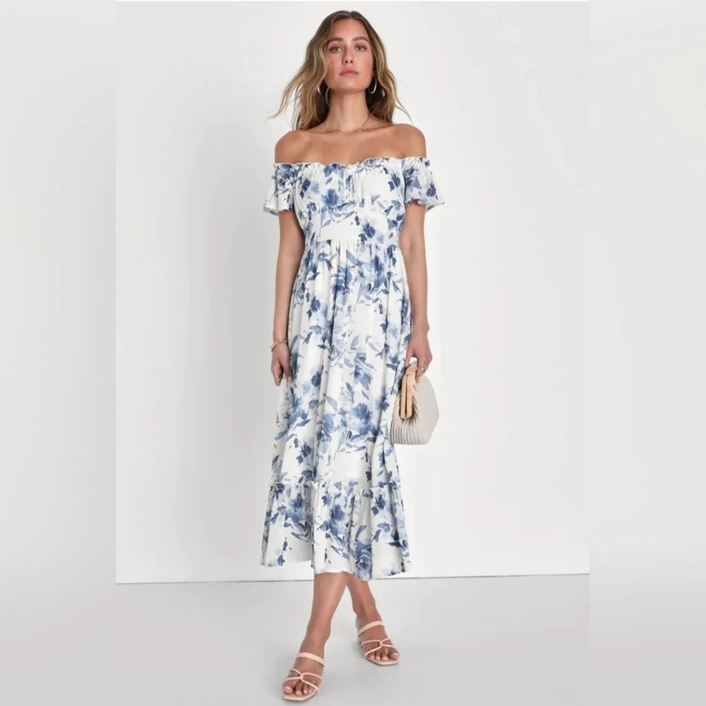 NWOT Lulu's White Floral Off-the-Shoulder Midi Dress Size L=10/12 - Picture 4 of 5